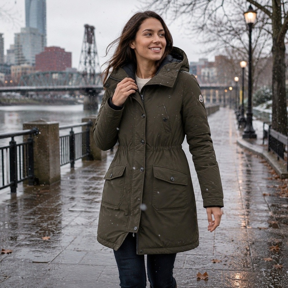 Moncler Arriette Women's Down Puffer Parka Coat Size 2 Dark Olive Green Hooded